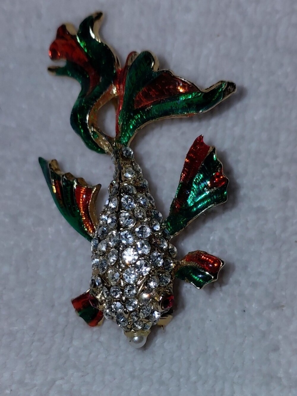 Vintage Crystal Encrusted Koi Fish Brooch in Green and Red Enamel